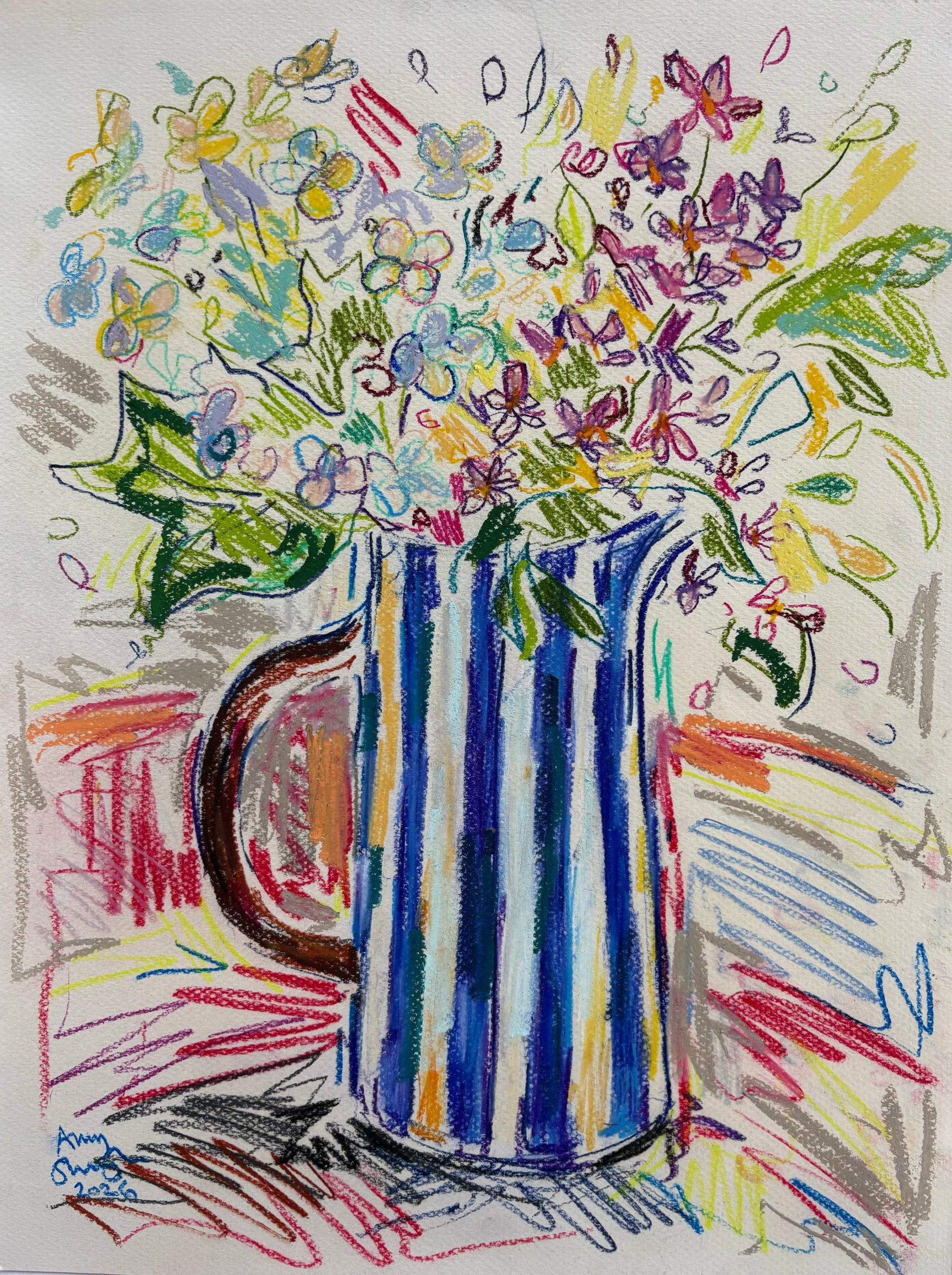 Blue and white striped jug with hydrangea