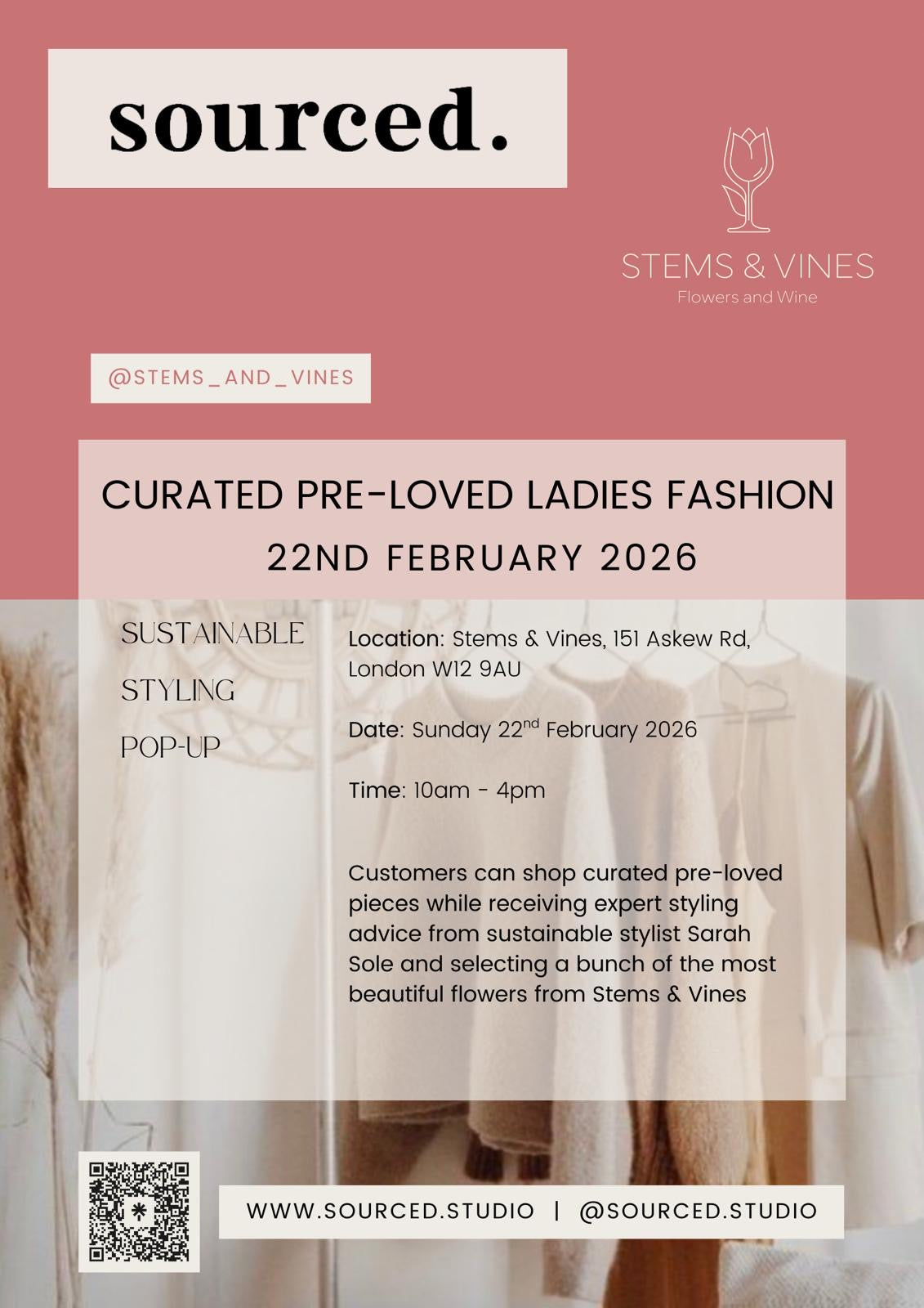 Promotional poster for a sustainable fashion event at Stems & Vines on 22nd February 2026.